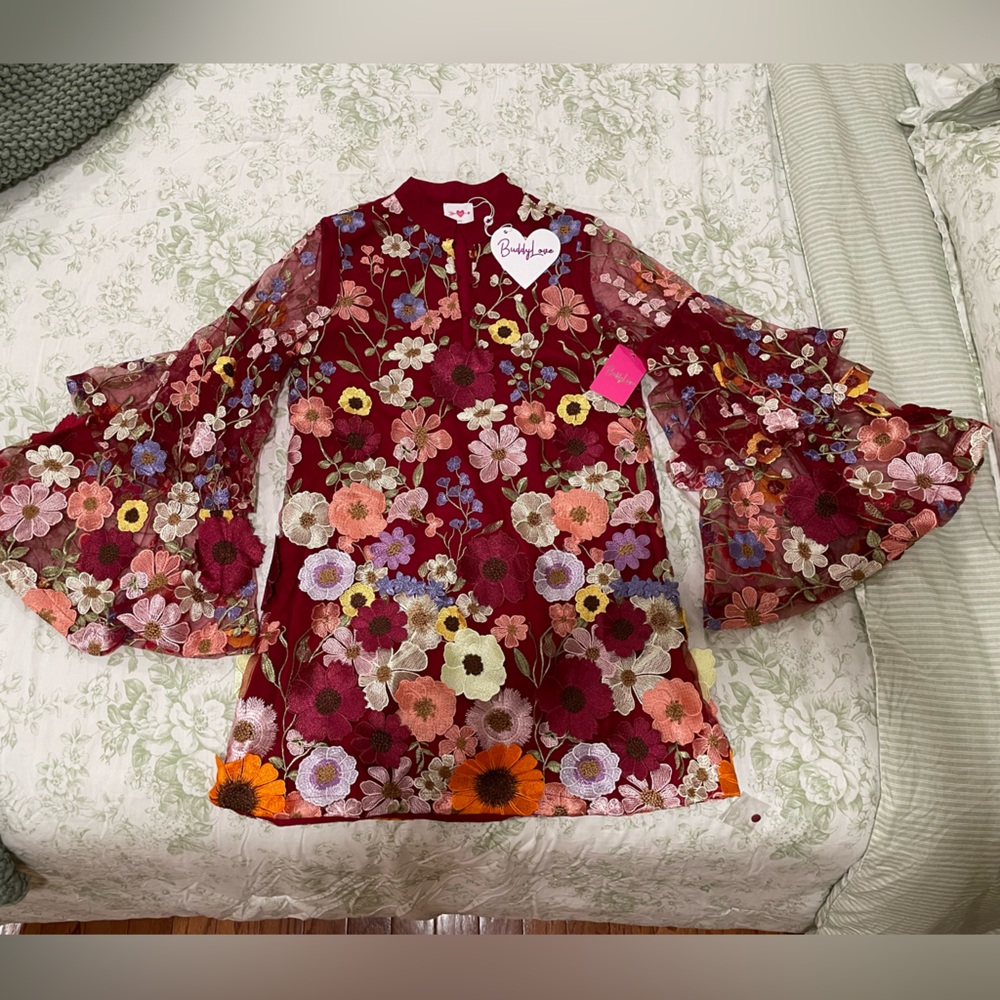 NWT Buddy Love Floral appliqué burgundy mini dress flared sleeves